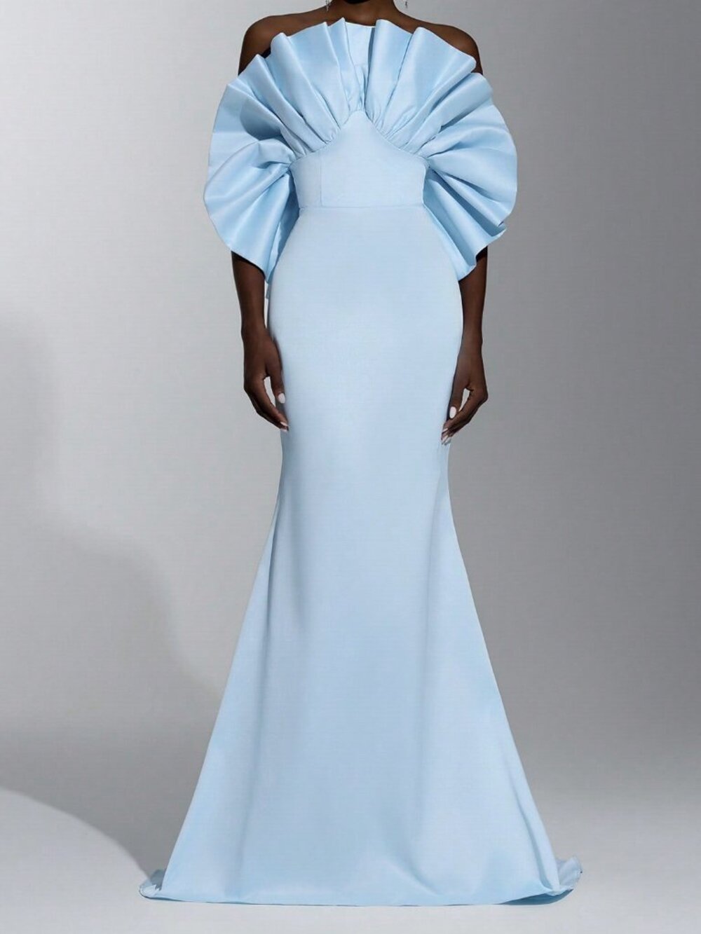 Baby Blue Elegant Women's Mermaid Evening Gown with Ruffle Off-Shoulder Train - Picture 4 of 7